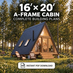 Op de afbeelding: Een digitaal document getiteld 16' x 20' A-FRAME CABIN COMPLETE BUILDING PLANS met een illustratie van een donker metalen A-frame hut met houten accenten, grote glazen ramen, een deur en twee stoelen, aangeduid als een INSTANT PDF DOWNLOAD.