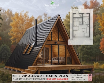 20x20 A-Frame House Plan: Small Lofted Cabin (PDF Download Only)