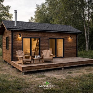 Puede incluir: Una pequeña cabaña de madera con un exterior marrón oscuro y un techo negro. La cabaña tiene una terraza con dos sillas de madera y una pequeña mesa. El interior es visible a través de las puertas de cristal. La cabaña está rodeada de árboles y hierba.