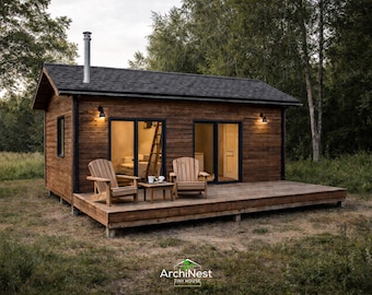 Planta de mini casa de 3,65m x 7,30m com mezanino e amplo deck | Design de cabana moderna (Download em PDF)