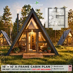 May include: An A-frame cabin plan with a modern design. The cabin is 16' x 16' and includes a 1-bedroom, 1-bathroom layout. The image shows the cabin in a natural setting with a floor plan overlay. The cabin is 296 sqft.
