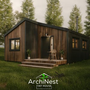 Plan för litet stughus: Modernt 1-rumshus, 37 kvadratmeter (PDF) 20x20