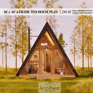 16 x 16 plattegrond A-frame met zolder: 296 SF, blauwdruk kleine hut, pdf | Off-grid DIY-cabineontwerp | Direct downloaden