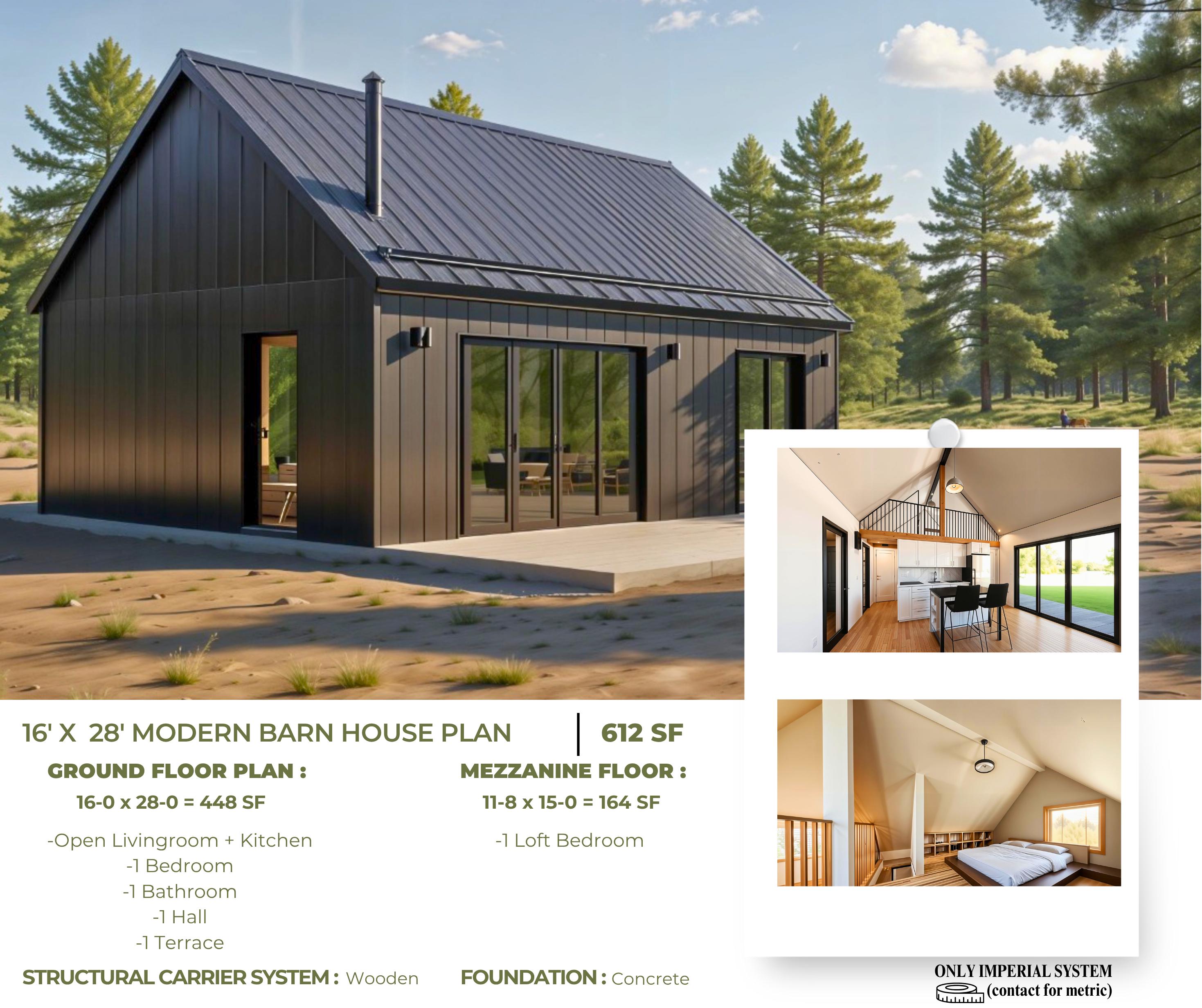 Modern Barn House Plan | 2 Bed Cabin With Loft (PDF Download) , 16' X ...