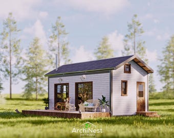 12x24 Modern Tiny House Plan with Sleeping Loft + Technical Room | Minimalist Small House 288 SF Blueprint PDF