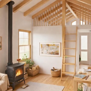 Könnte beinhalten: Innenaufnahme eines gemütlichen Wohnraums mit einem Holzofen und einem Loftbereich. Der Raum verfügt über Holzbalken, eine Holzleiter und eine neutrale Farbpalette. Im Ofen brennt ein Feuer, und es gibt zwei Fenster und einen kleinen Teppich.