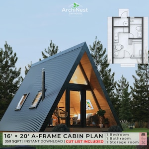 May include: An A-frame cabin plan with a dark gray corrugated metal roof and wooden frame. The cabin has a floor plan and text that reads "16' x 20' A-FRAME CABIN PLAN" and "350 SQFT". The plan includes 1 bedroom, 1 bathroom, and 1 storage room.