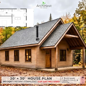 Puede incluir: Una pequeña casa de madera con techo de tejas grises, porche cubierto y chimenea. La imagen incluye un plano de planta, el logotipo de ArchiNest Tiny House y texto que indica plano de casa de 20' x 30', 860 pies cuadrados, 2 dormitorios, 1 baño.