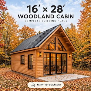 Planer för hus med 2 sovrum 16x28 | Liten stuga med loft | 52 kvadratmeter | Digital nedladdning, direkt PDF-nedladdning