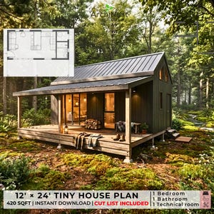 May include: A small, dark green tiny house plan, 12' x 24', with a covered porch and a metal roof, set in a lush forest. The plan includes a bedroom, bathroom, and technical room. The house is 420 sq ft.
