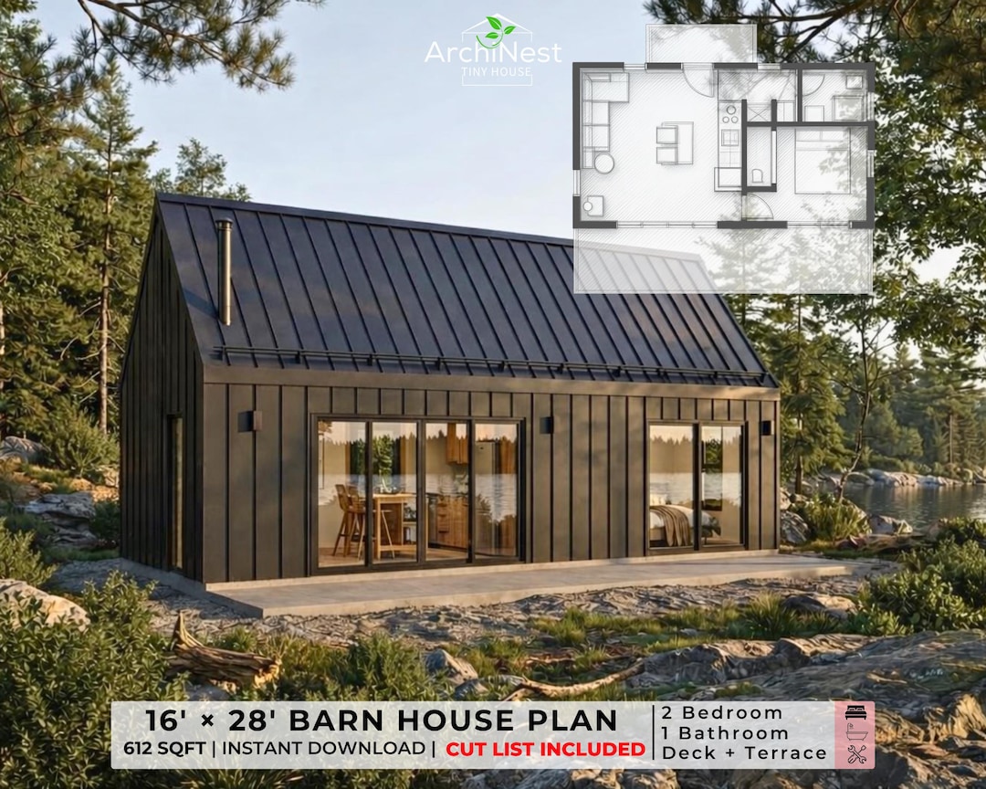 Modern Barn House Plan | 2 Bed Cabin With Loft (PDF Download) , 16' X ...