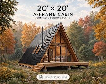 20x20 A-Frame House Plan: Small Lofted Cabin (PDF Download Only)
