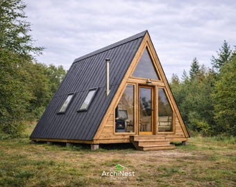 16x20 A-Frame House Plans – 350 Sq Ft Tiny House Blueprint  (PDF Download)
