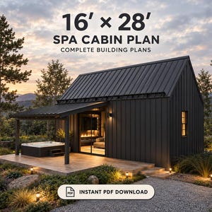 Può includere: Un piano per una cabina spa di 16' x 28' con progetti di costruzione completi per una cabina grigio scuro con tetto in metallo, veranda coperta e vasca idromassaggio esterna. Il testo recita 16' x 28' SPA CABIN PLAN COMPLETE BUILDING PLANS.