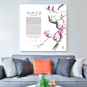 Floral Japanese Ink Painting Ketubah &gt; Sumi-e Pink Magnolia, Spring wedding