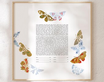 Golden Blue Butterfly Intertwine Marry Couple print Ketubah
