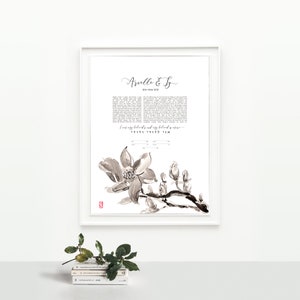 Minimalist Wedding Ketubah &gt; Floral ink painting, Sepia watercolor Magnolia