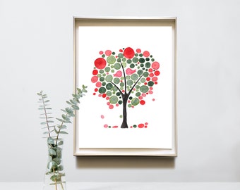 Red Green Love Birds Tree ⤹ modern Giclee Art Print watercolor painting