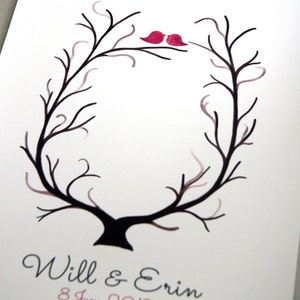 Fingerprint Wedding Tree, Custom Wedding Guest Book alternative thumbprint ready love birds image 1
