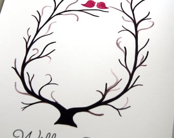 Fingerprint Wedding Tree, Custom Wedding Guest Book alternative - thumbprint ready love birds