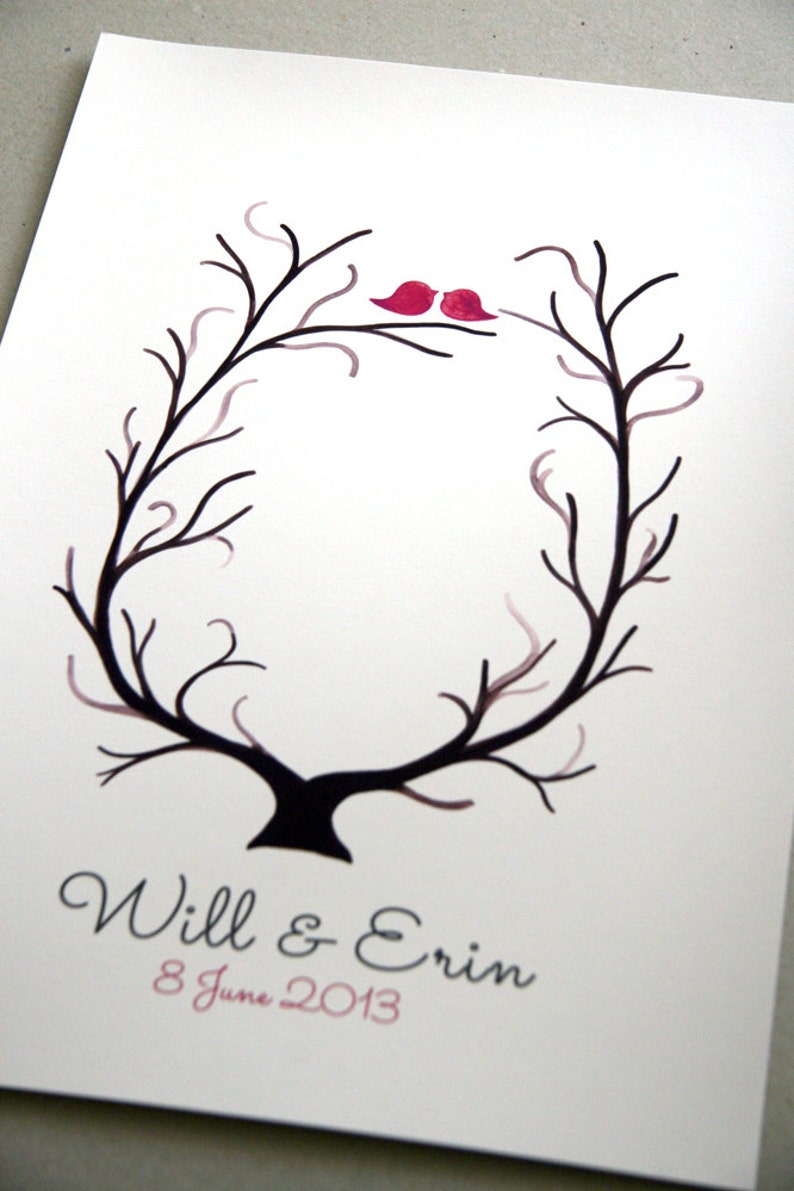 Fingerprint Wedding Tree, Custom Wedding Guest Book alternative thumbprint ready love birds image 1