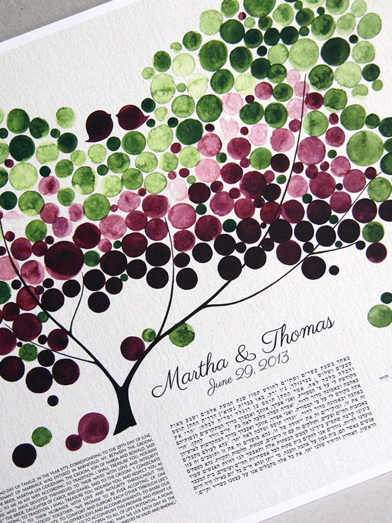 May include: A watercolor painting of a tree with green and purple leaves. The tree is a symbol of love and growth. The text "Martha & Thomas June 29, 2013" is written below the tree.