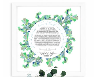 Kaléidoscope Ketubah > Oeuvre d'art personnalisée aquarelle en vitrail vert et bleu, texte imprimé Ketuba