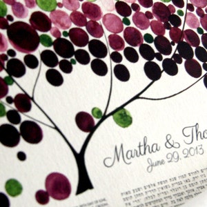 May include: A watercolor painting of a tree with purple and green leaves. The tree is on a white background with the text "Martha & Thomas June 29, 2013" written below it.