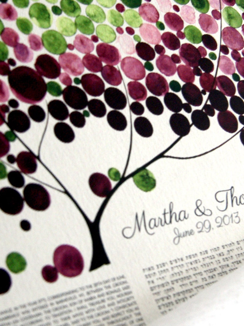 May include: A watercolor painting of a tree with purple and green leaves. The tree is on a white background with the text "Martha & Thomas June 29, 2013" written below it.