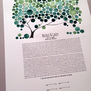 May include: A watercolor painting of a tree with green and blue circles representing leaves. The text "Nicole & Casey" is written at the bottom of the painting, along with the date "July 27, 2014" and the location "Portland, Oregon".