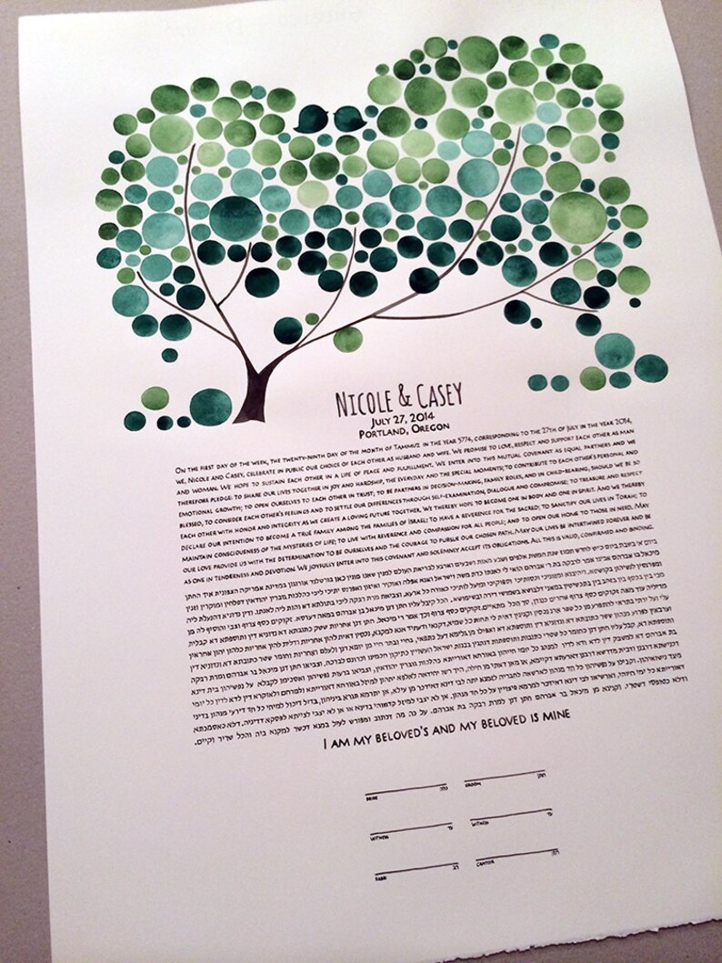 May include: A watercolor painting of a tree with green and blue circles representing leaves. The text "Nicole & Casey" is written at the bottom of the painting, along with the date "July 27, 2014" and the location "Portland, Oregon".