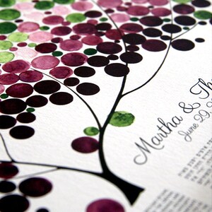 May include: A watercolor painting of a tree with green and purple circles. The text "Martha & June 20" is written on the right side of the image.