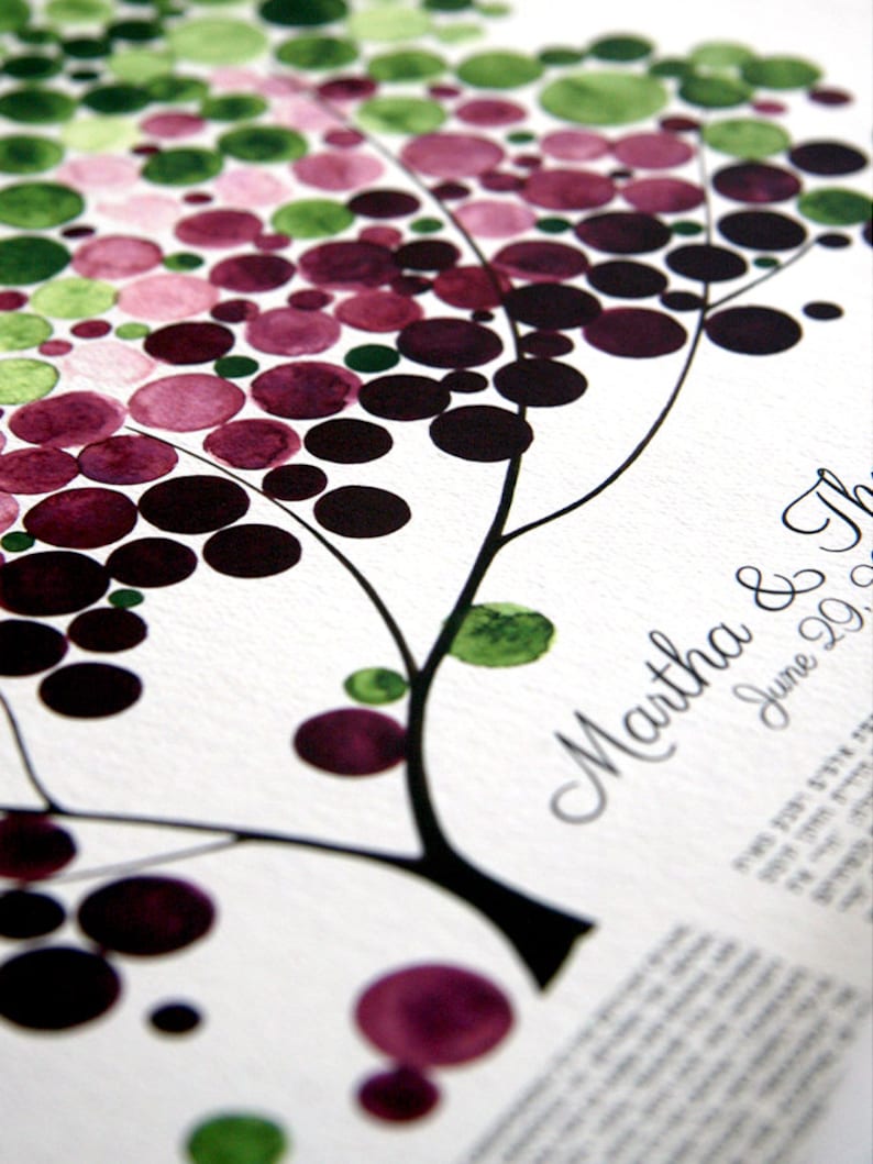 May include: A watercolor painting of a tree with green and purple circles. The text "Martha & June 20" is written on the right side of the image.