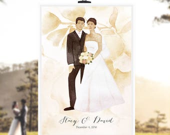 Enseigne imprimée moderne "Heureux juste mariés" - Illustration de portraits de mariage de couples peints sur mesure