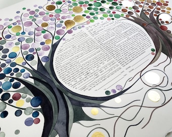 FOUR SEASONS KETUBAH watercolor art painting ⤱ Entangled Trees Orthodox Ketubah