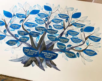 Simple blue leaf gold ink Heritage Tree }{ painting with Silver ink calligraphy or giclée print format no gilding
