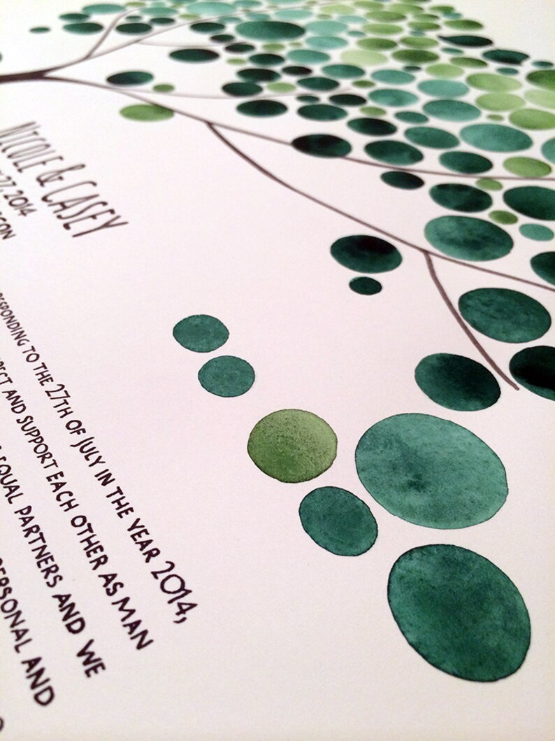 May include: A wedding guest book with a watercolor tree design. The tree is made up of green circles of varying sizes. The text "Nicole & Casey" is written at the top of the page. The text "Responding to the 27th of July in the year 2014, we act and support each other as man and equal partners and we..." is written below the tree.