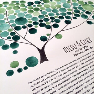 May include: A watercolor painting of a tree with green leaves in the shape of a heart. The text "Nicole & Casey July 27, 2014 Portland, Oregon" is written below the tree.