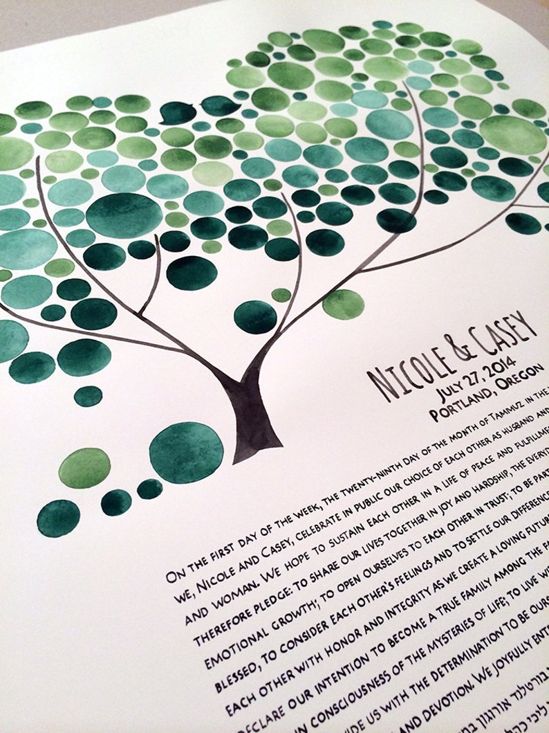 May include: A watercolor painting of a tree with green leaves in the shape of a heart. The text "Nicole & Casey July 27, 2014 Portland, Oregon" is written below the tree.