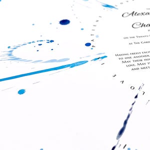 May include: A white wedding invitation card featuring blue ink splatters and watercolor-style splashes. The text includes the names Alexandra and Charles, along with the phrase "Love is patient" arranged in a circular pattern around the design.