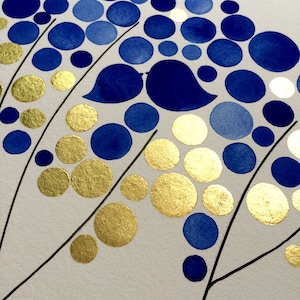 Acuarela de hoja de oro azul de Ketubah - AMANECER DE ÁRBOL DE ACACIA - Ketubah y caligrafía pintadas a mano