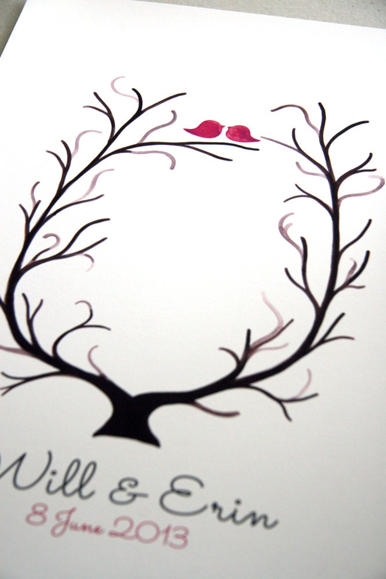 Fingerprint Wedding Tree, Custom Wedding Guest Book alternative thumbprint ready love birds image 3