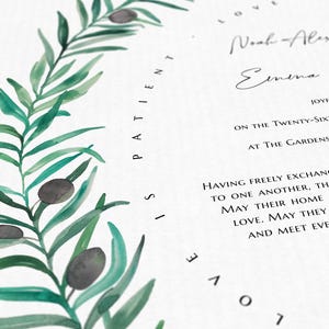 May include: A white wedding invitation card featuring a watercolor illustration of a green olive branch with dark olives. The text reads Love is patient, Noah, Emma, and details about a ceremony at The Gardens on the twenty-sixth.