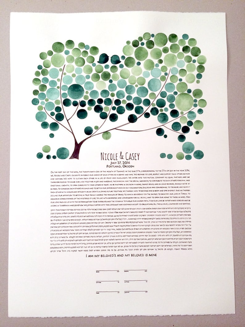May include: A watercolor painting of a tree with green and blue circles, representing a wedding ceremony. The text reads "Nicole & Casey, July 27, 2014, Portland, Oregon." and "I am my beloved's and my beloved is mine."