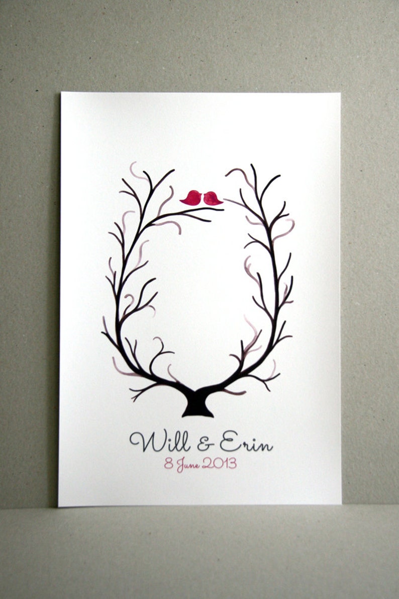 Fingerprint Wedding Tree, Custom Wedding Guest Book alternative thumbprint ready love birds image 2