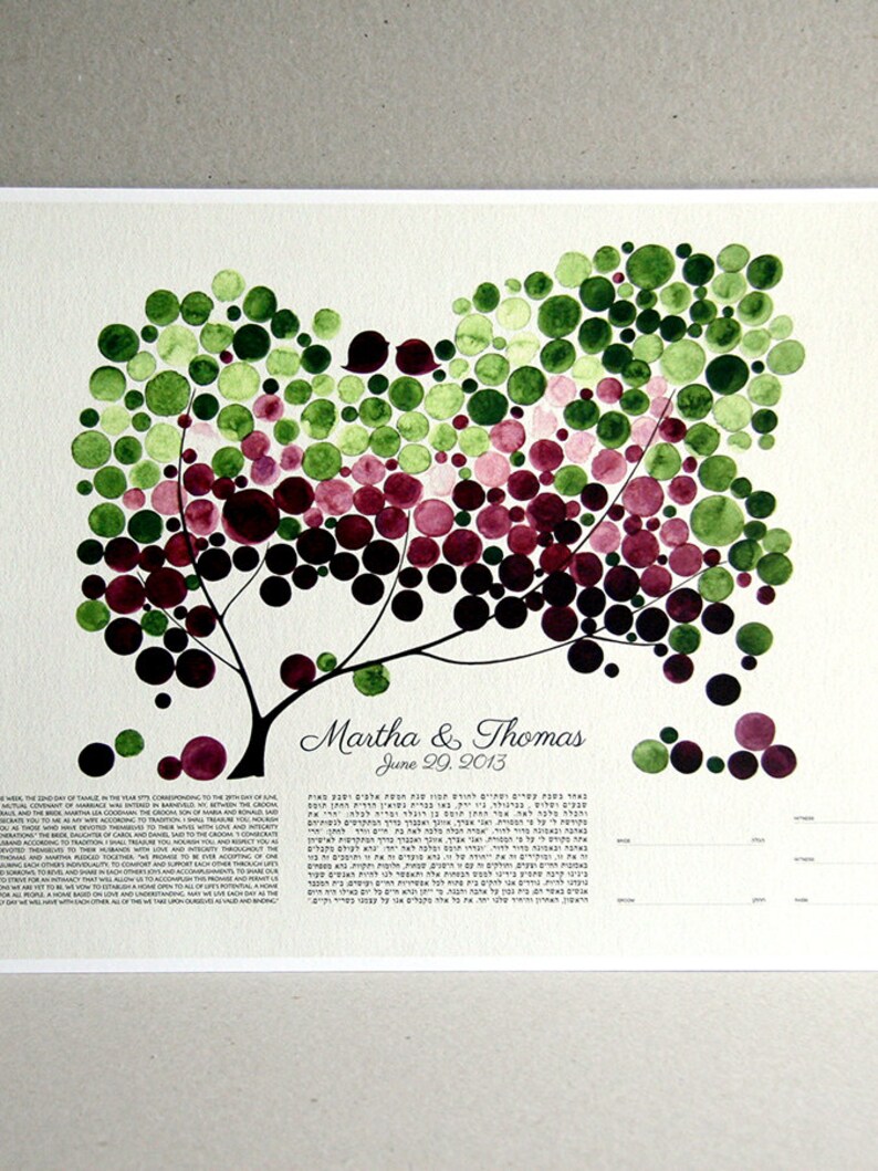 May include: A watercolor painting of a tree with green and purple circles. The text "Martha & Thomas June 29, 2013" is at the bottom of the image.