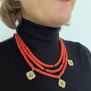 Traditional Necklace with Kosiv Ceramic Beads and Brass Cross Pendants – Handmade Ukrainian Jewelry