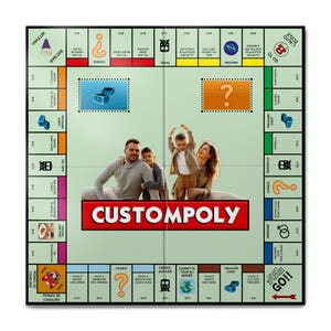 May include: A green and red custom game board with the text "Customopoly" in red. The board features a family of four, including two children, in the centre. The board also includes various spaces with text such as "Chance", "Treasure Chest", and "Go To Jail".