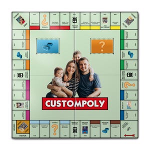 Könnte beinhalten: Individuelles Monopoly-Spielbrett mit einem Familienporträt in der Mitte. Das Brettspiel hat grüne Felder mit Eigentumsnamen sowie Chance- und Schatzkisten-Felder. Das Wort "CUSTOMPOLY" ist deutlich sichtbar.