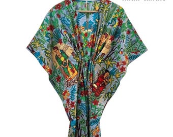 Indiase zachte katoenen kaftan, nieuwe katoenen kaftan met jungleprint, maxi-jurk, strandjurk, cadeau voor bruidsmeisjes, kaftan voor dames, nachtkleding